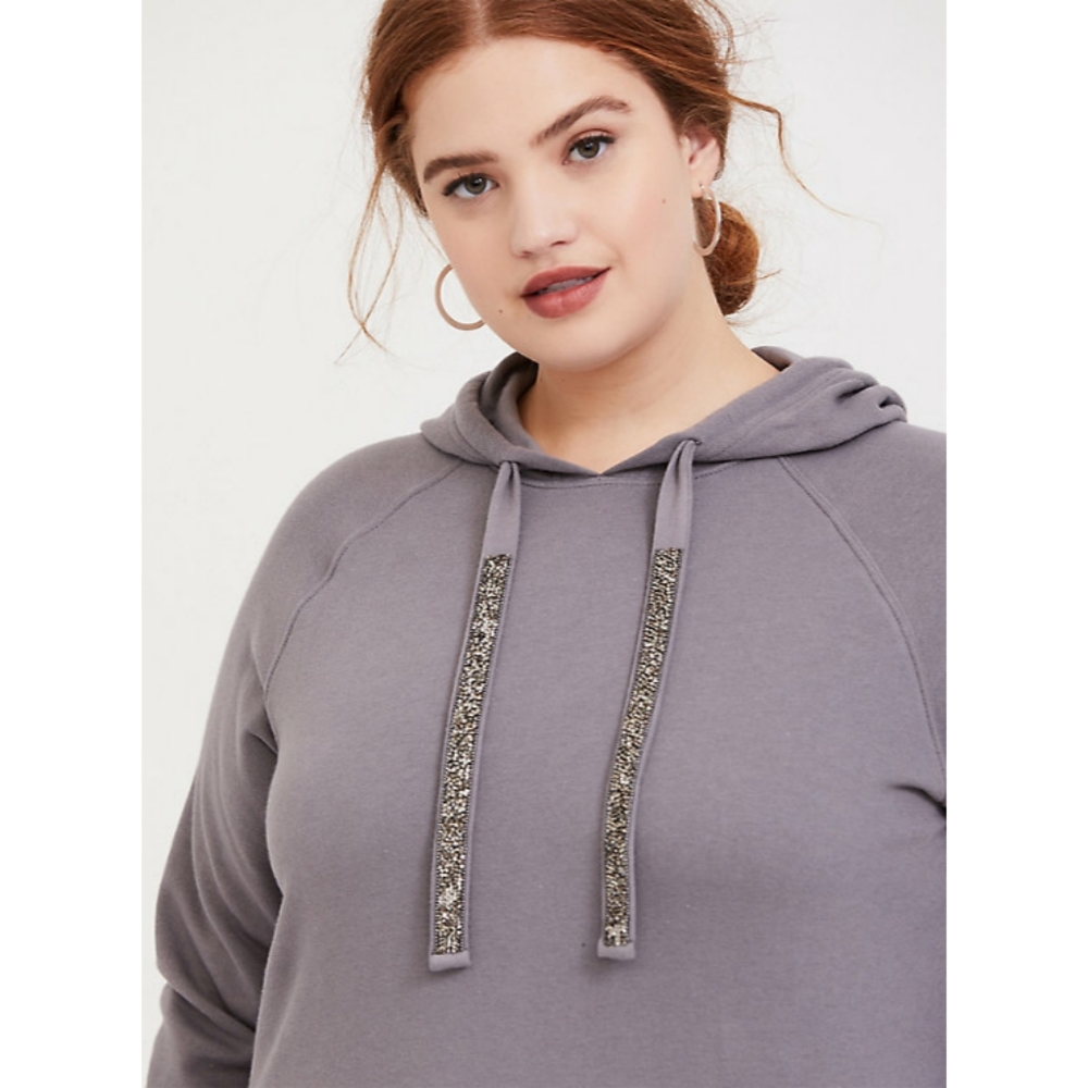 Torrid Plus Size Charcoal Grey Fleece Embellished Drawstring Hoodie